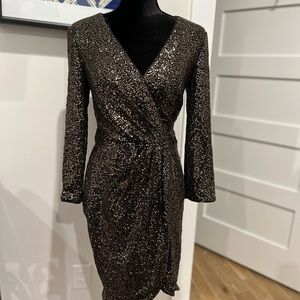 Eliza J Faux Wrap tulip hem Bronze Sequin Dress 6 EUC